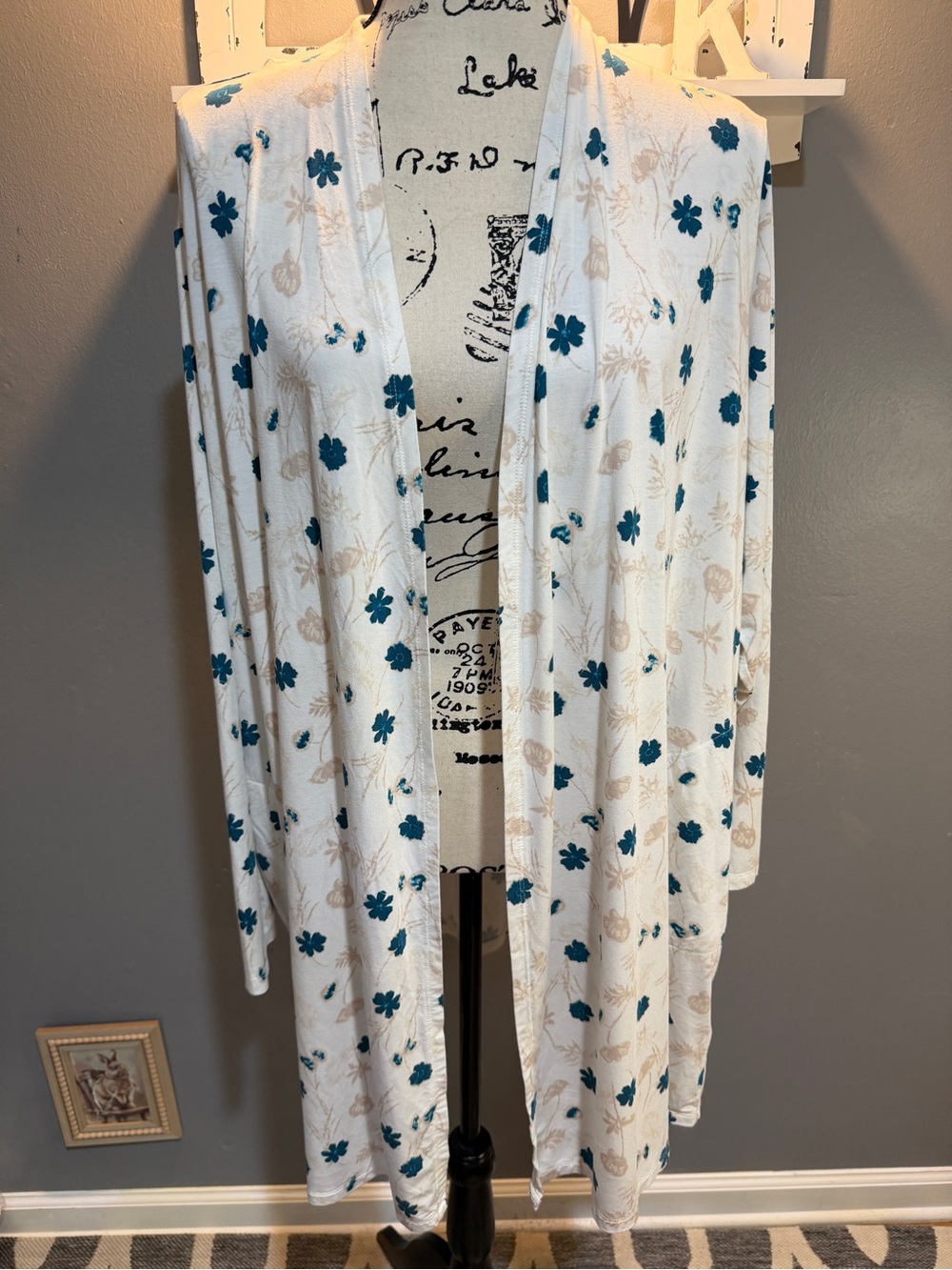 LANDS END OPEN FRONT CARDIGAN WITH TEAL FLOWERS SZ 2X